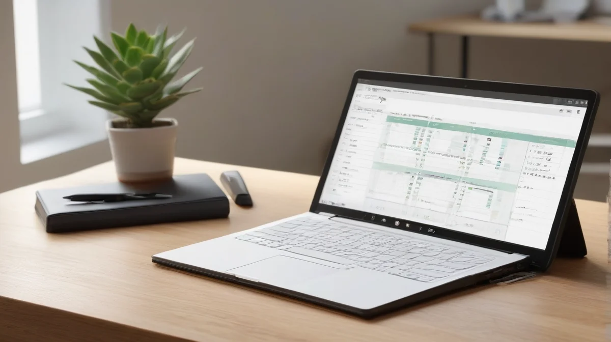 Escritorio moderno con laptop mostrando gráficos fiscales, libro contable, documentos de cierre 2026, calculadora y planta