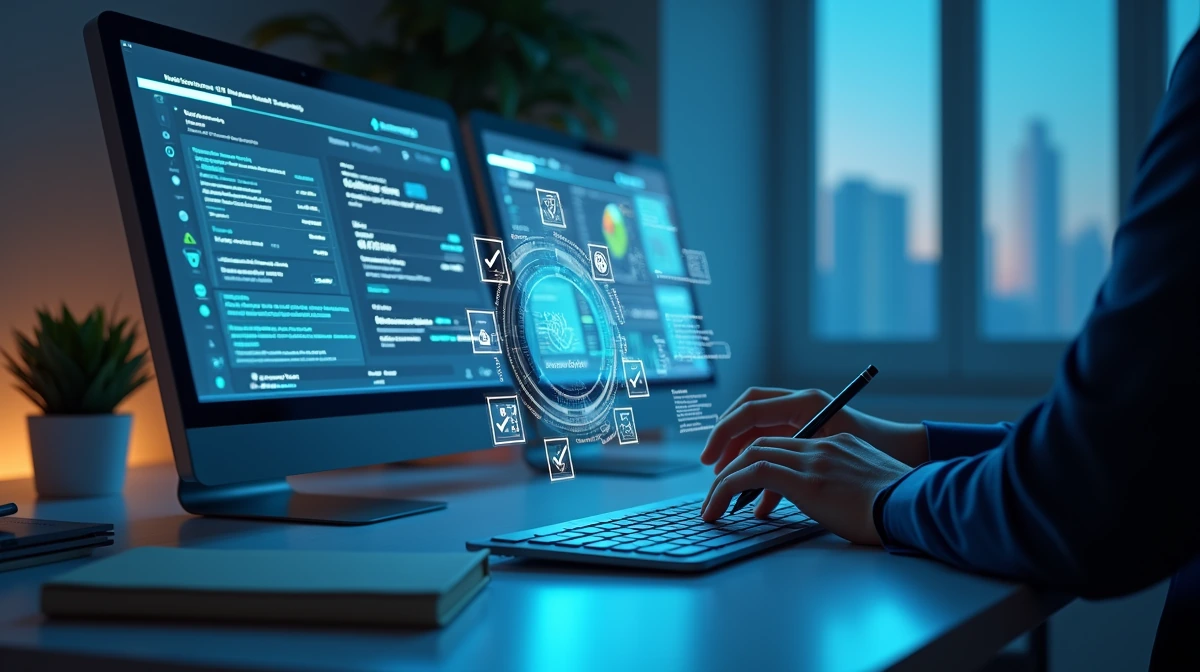 Interfaz holográfica de un despacho contable remoto mostrando integración con ERP de PyMEs: validación de facturas SAT