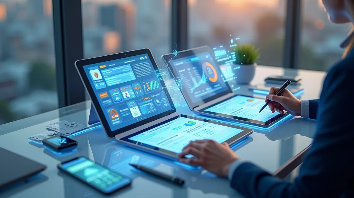 Tres tablets con interfaces de plataformas fiscales mexicanas (SAT, Contpaqi, Aspel) en escritorio de cristal, manos con