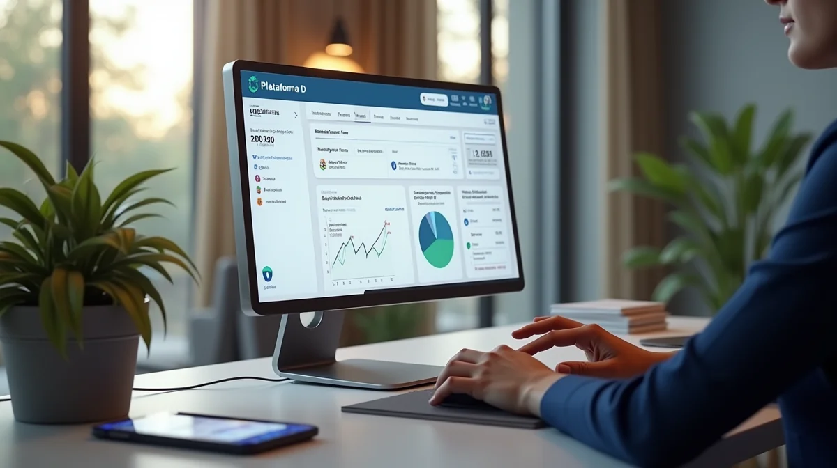Manos profesionales interactúan con interfaz simplificada de Plataforma D en monitor curvo, destacando declaración ISR y