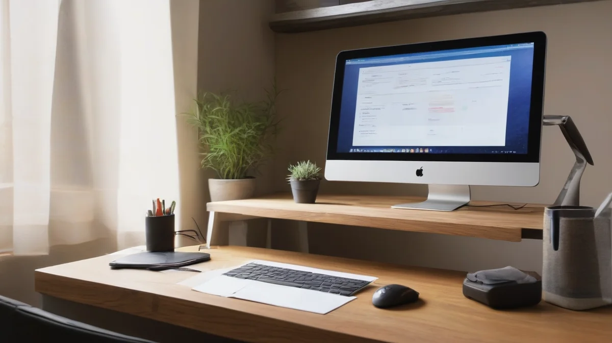 Escritorio profesional con monitor mostrando portal del SAT, firma electrónica, CFDI impresos con sello 'SAT Autorizado