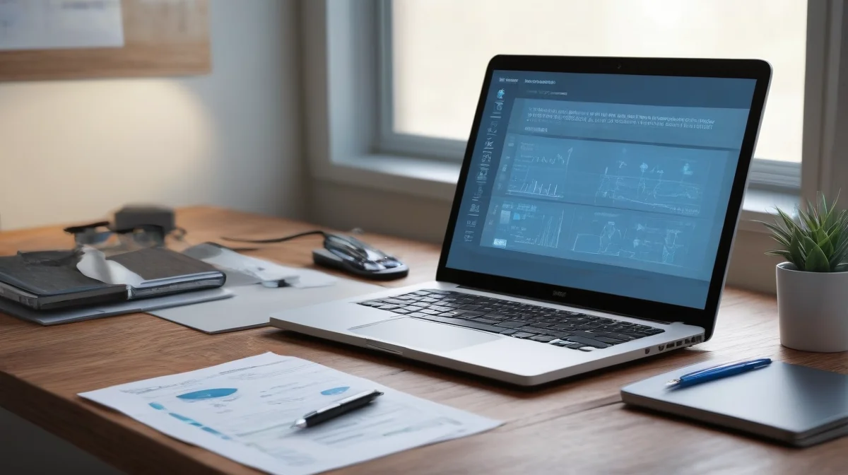 Oficina PyME en México con laptop mostrando panel contable azul, tablet con íconos bancarios, computadora de escritorio