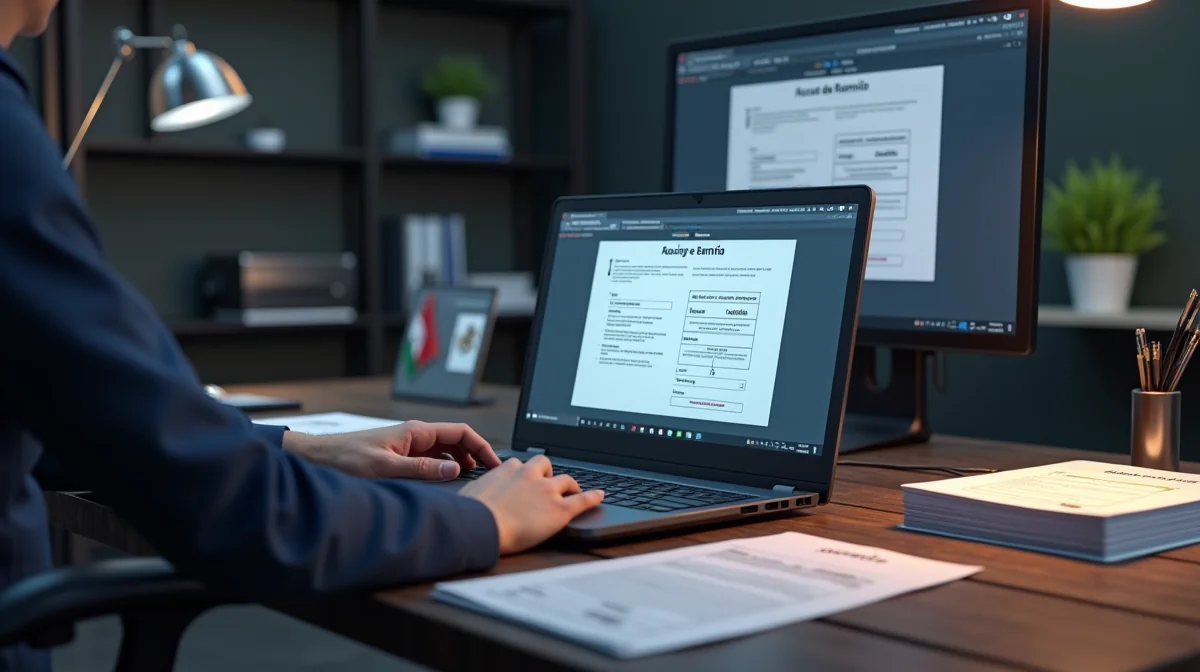 Laptop con portal SAT mostrando firma electrónica y acuse de recibo, documentos fiscales, línea de captura y dispositivo