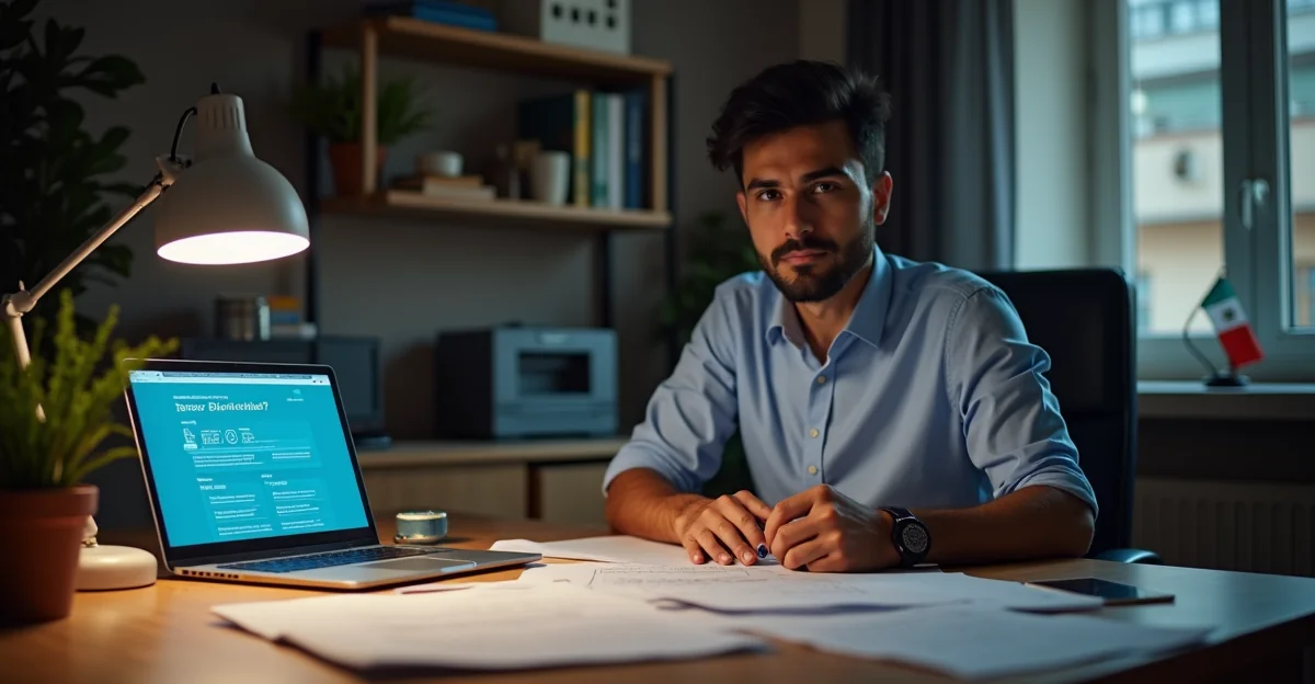 Persona revisando documentos fiscales y portal SAT en laptop, escritorio con recibos y formularios organizados, iluminación