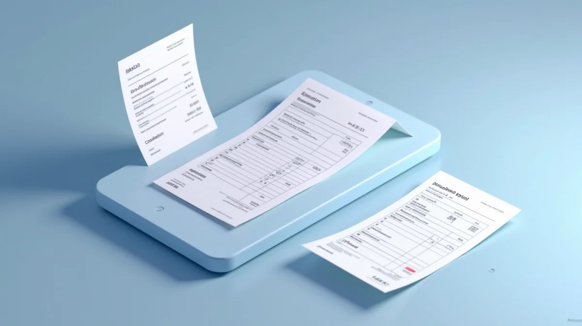 Tres comprobantes CFDI digitales en perspectiva isométrica: gasto médico con RFC de clínica y desglose, colegiatura con datos