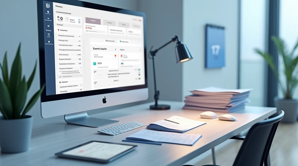 Escritorio contable con monitor mostrando el formulario DIOT del SAT, documentos fiscales organizados en bandejas, tablet con