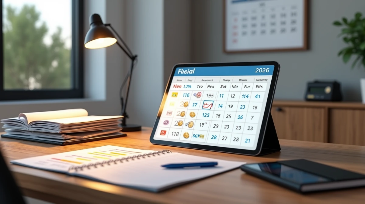 Escritorio organizado con tablet mostrando calendario fiscal 2026, documentos SAT, agenda, pluma azul y smartphone con