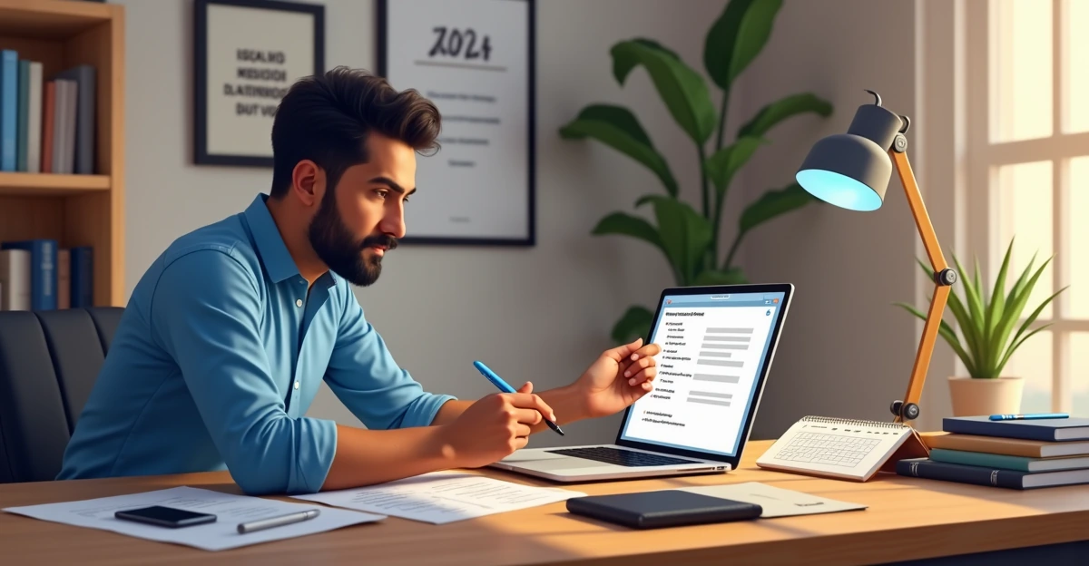 Dueño de PyME en Querétaro revisa checklist fiscal en laptop. Escritorio con calendario, documentos del SAT, pluma y