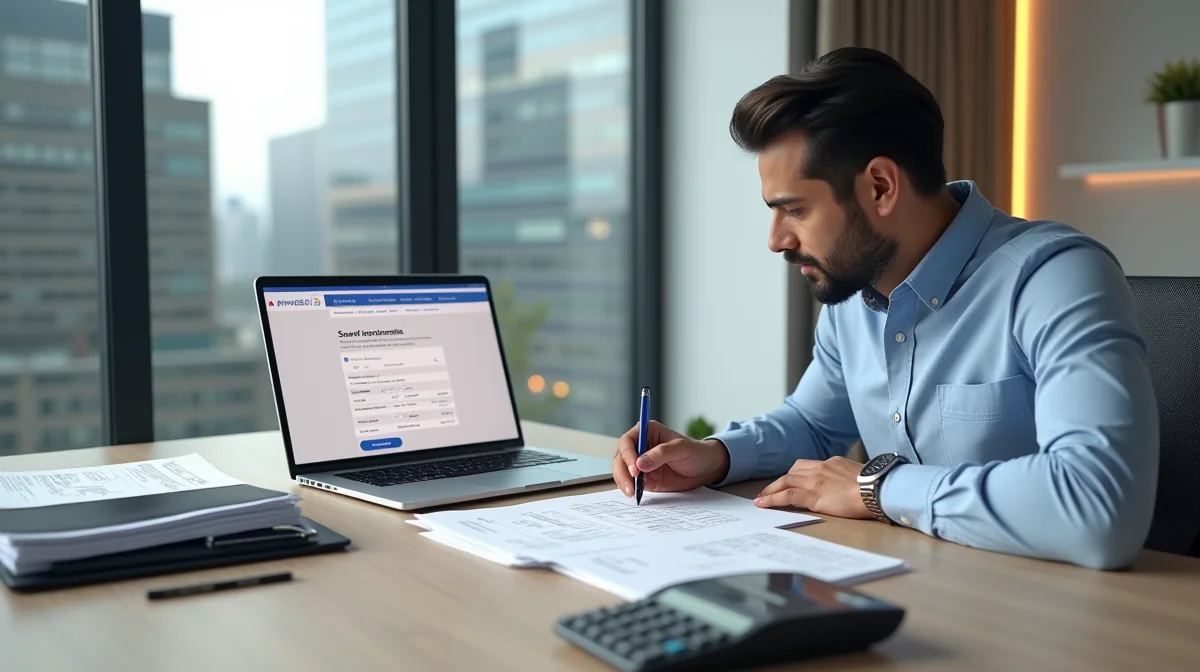 Profesional revisa documentos fiscales en laptop con calculadora financiera, facturas y carpeta azul sobre escritorio moderno
