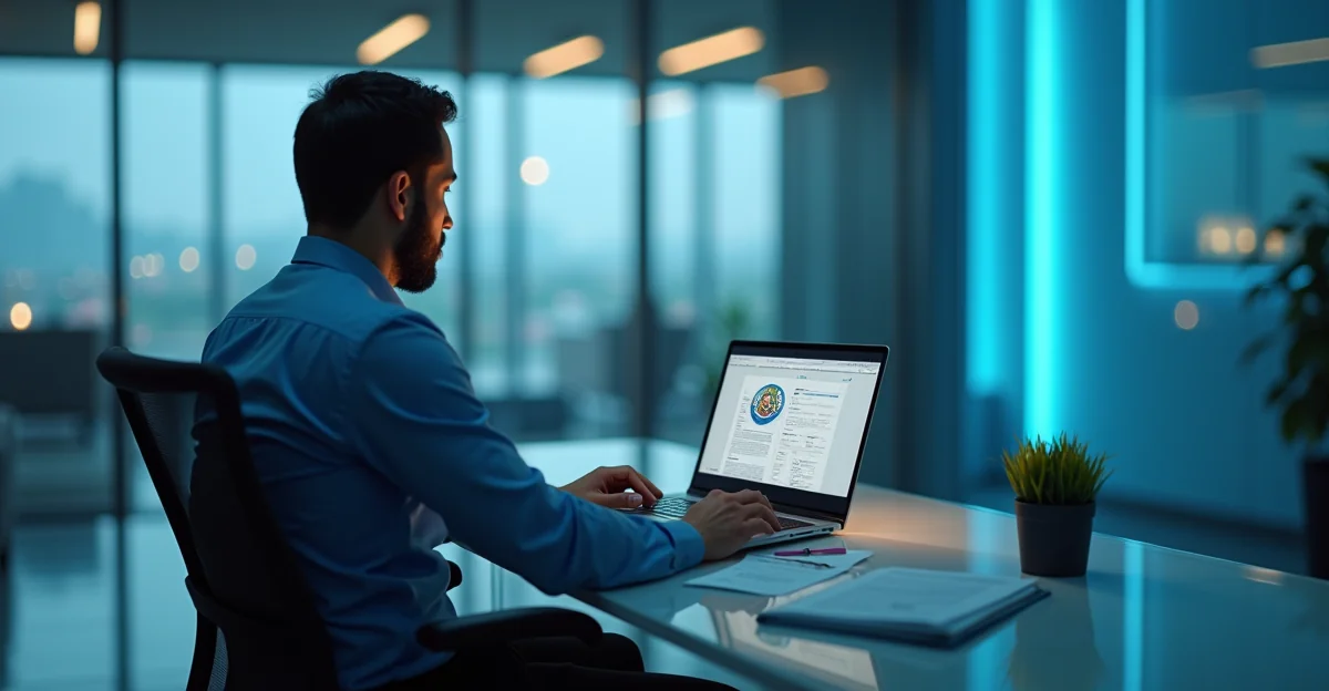Persona revisando documentos fiscales en laptop con logo del SAT en pantalla, sobre escritorio de vidrio en oficina moderna